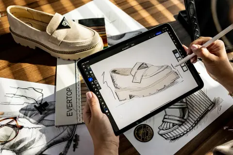 Projektantka szkicuje buty Filippo. To firma tworząca stylowe obuwie.