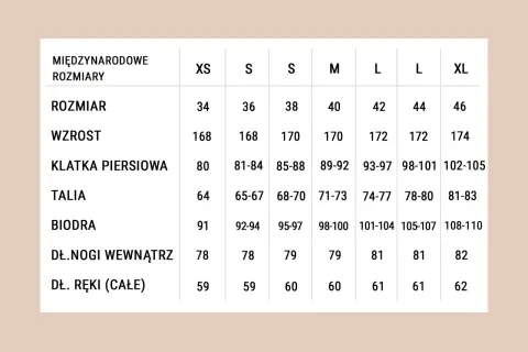 Tabela rozmiarów odzieży z podziałem na międzynarodowe rozmiary (XS-XL). Zwróć uwagę na zaniżoną rozmiarówkę, by wybrać odpowiedni dla siebie.