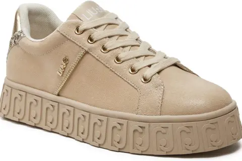 Beżowe sneakersy Liu Jo z zamszu i złotymi detalami. To włoska marka znana z modnych ubrań i dodatków.