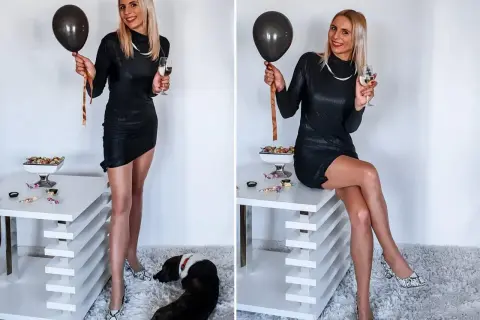 Elegancka czarna sukienka, błyszczące szpilki i balon – idealny zestaw, jak się ubrać na urodziny w domu.