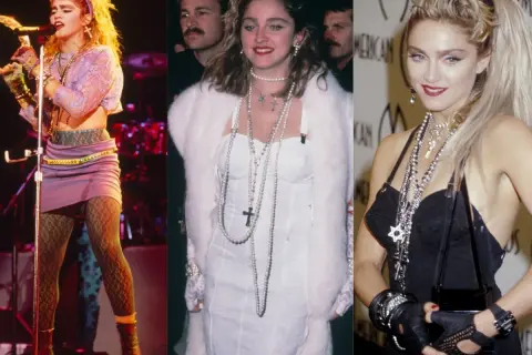 Madonna w stylizacjach z lat 80. na imprezę: fioletowa mini, biała kreacja z futrem i czarny top z naszyjnikami.