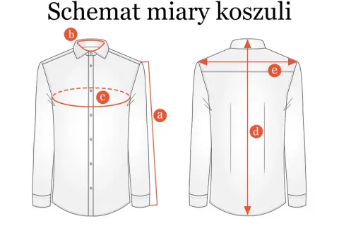 Schemat miary koszuli męskiej. Wymiary: a-długość, b-kołnierzyk, c-klatka, d-długość całkowita, e-szerokość pleców. Idealny dla rozmiaru 56 męski.