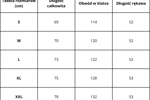 Tabela rozmiarów od S do XXL. Długość rękawa 52 cm dla rozmiarów S, M, L. Rozmiar 50 meski jaki to?
