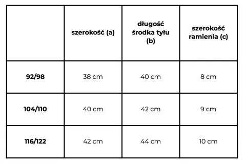 Tabela rozmiarów odzieży. Rozmiar 92/98 ma szerokość 38 cm, długość 40 cm, a szerokość ramienia 8 cm.
