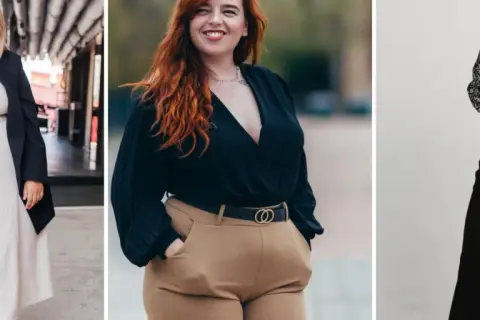Trzy stylizacje plus size: beżowa sukienka z marynarką, czarna bluzka z brązowymi spodniami, czarna bluzka z czarnymi spodniami.