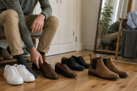 Mężczyzna wybiera idealną parę butów do swojej stylizacji. Na podłodze białe sneakersy, brązowe mokasyny, czarne półbuty i zamszowe botki.