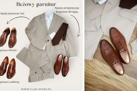 Beżowy garnitur i propozycje brązowych butów: Monki, Loafersy, Brogsy. Idealne jakie buty do beżowego garnituru.