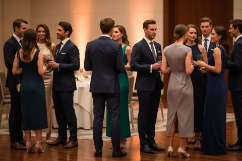 Eleganckie stroje na bankiet: mężczyźni w garniturach, kobiety w sukniach. Idealny przykład, jak się ubrać na bankiet.