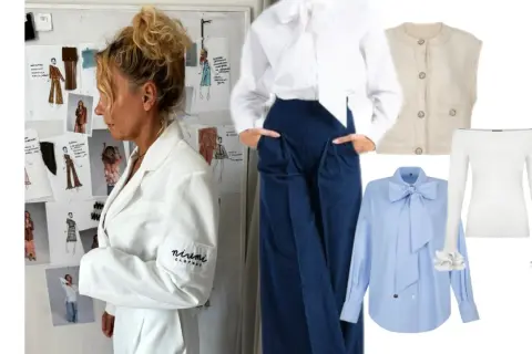 Eleganckie ubrania na rozpoczęcie roku szkolnego: biała koszula z kokardą, błękitna koszula z kokardą, kamizelka, biała bluzka z falbankami.