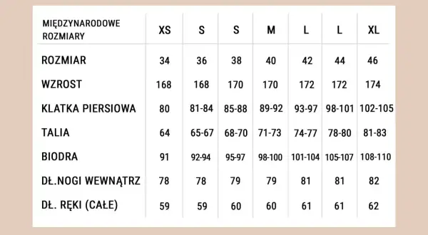 Tabela rozmiarów od XS do XL. Rozmiar 38 (wzrost 170 cm) odpowiada wiekowi ok. 12-14 lat.