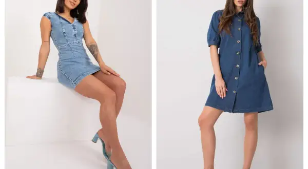 Dwie kobiety w jeansowych sukienkach. Jedna w obcisłej, jasnej sukience z sandałkami na obcasie, druga w luźniejszej, ciemniejszej sukience koszulowej ze sneakersami. Inspiracja: jakie buty do jeansowej sukienki.