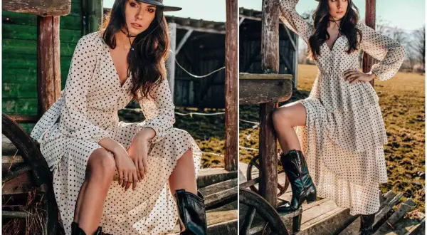 Kobieta w kapeluszu kowbojskim i sukience w grochy, w stylizacji western.