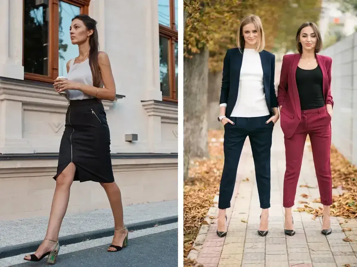 Eleganckie stylizacje smart casual na imprezę: czarna spódnica z zamkiem i beżowym topem, granatowy i bordowy garnitur damski.