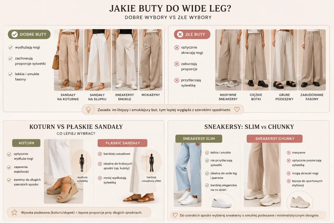 Jakie buty do szerokich eleganckich spodni? Wybieraj smukłe sandały na koturnie/słupku lub lekkie sneakersy. Unikaj masywnych butów.