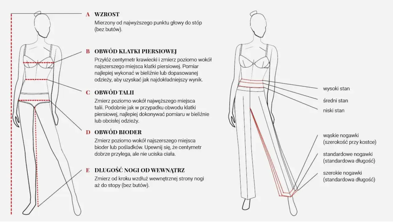 Tabela rozmiarów: wzrost, obwód klatki, talii, bioder, długość nogi od wewnątrz. Wymiary pomagają dobrać odpowiedni rozmiar M.