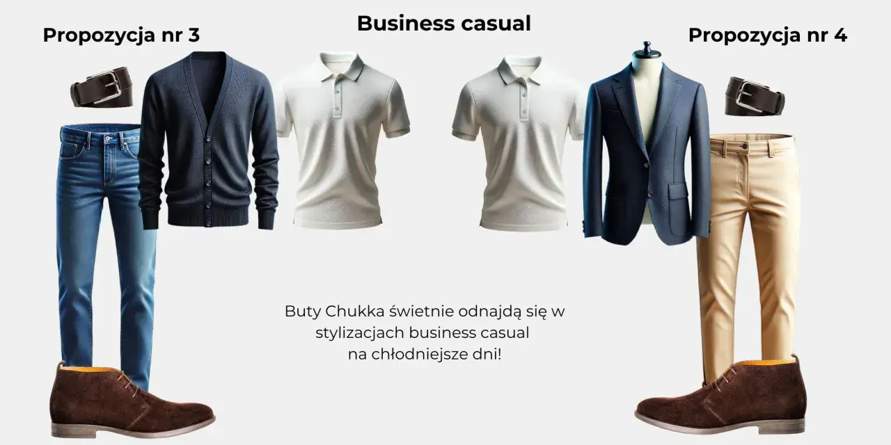 Dwie propozycje stylizacji business casual: granatowy kardigan z dżinsami i beżowy garnitur z koszulką polo. Idealne na chłodniejsze dni, podkreślają sartorialny styl.
