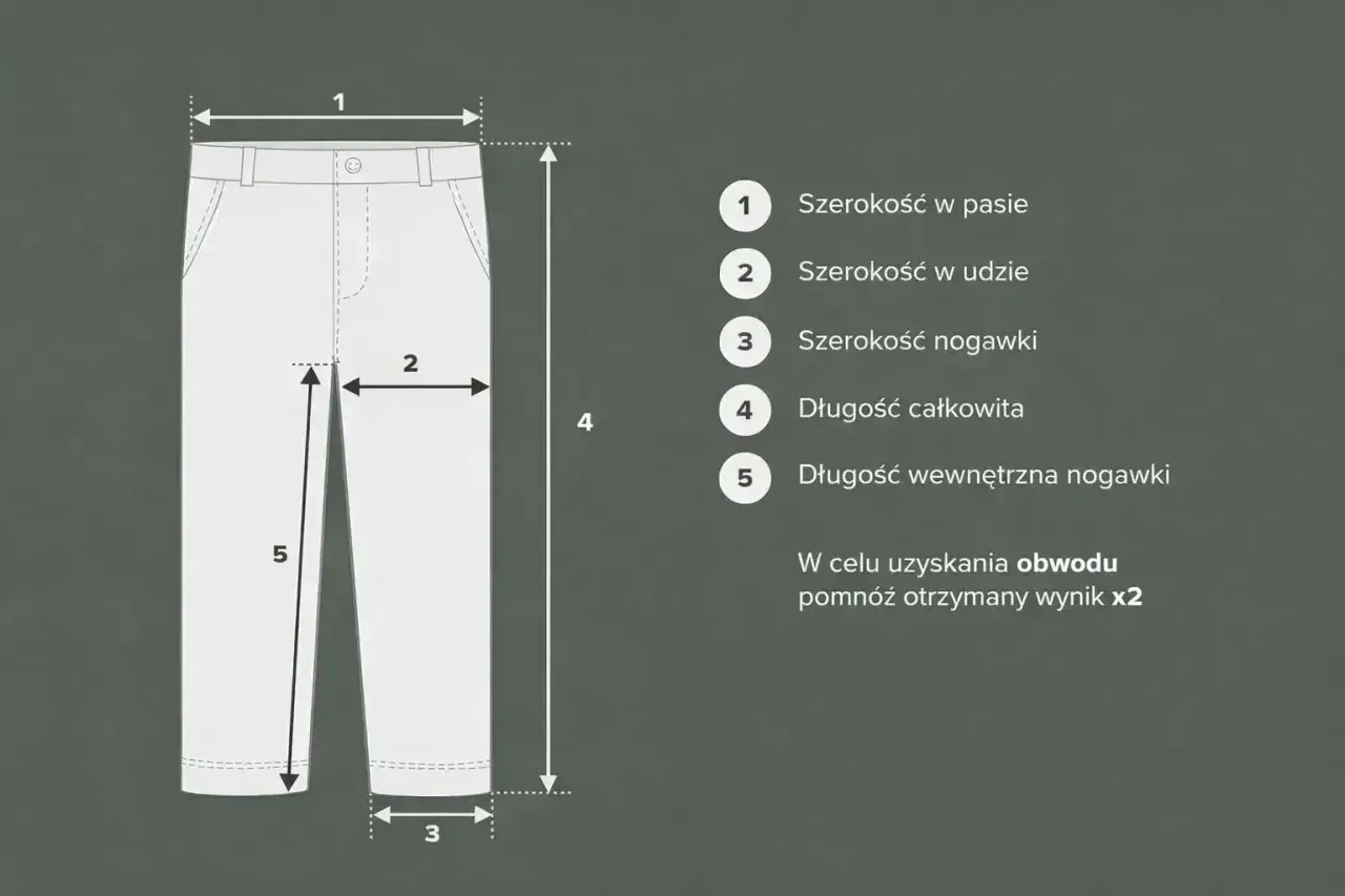 Tabela rozmiarów spodni: szerokość w pasie, udzie, nogawce, długość całkowita i wewnętrzna. Idealne dla rozmiaru 34.