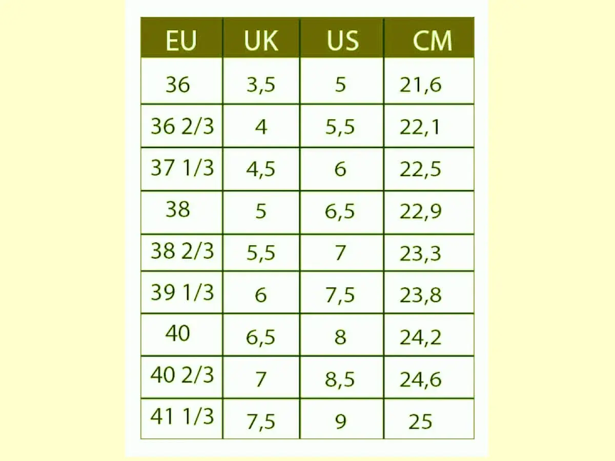 Tabela rozmiarów butów: EU, UK, US, CM. Rozmiar 8,5 US to 40 2/3 EU i 24,6 cm.