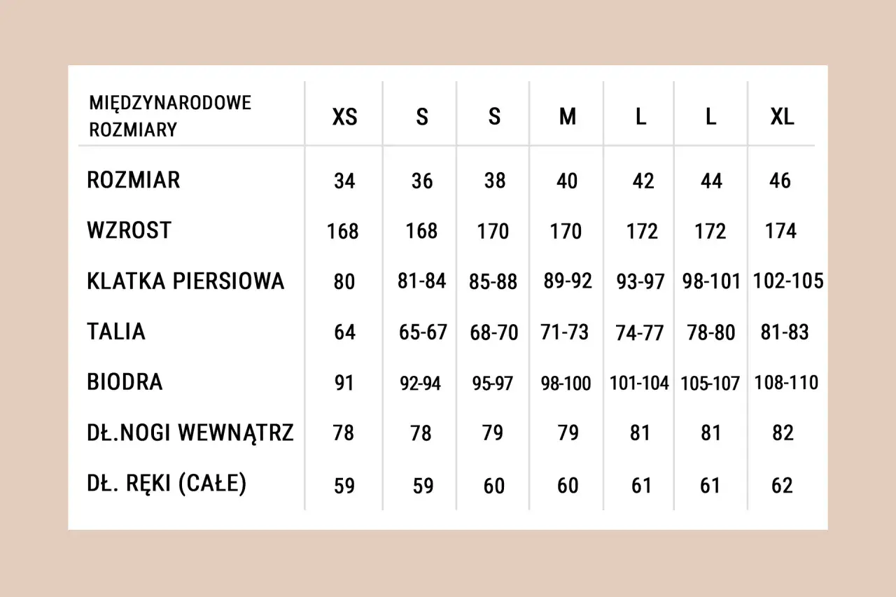 Tabela rozmiarów odzieży z podziałem na międzynarodowe rozmiary (XS-XL). Zwróć uwagę na zaniżoną rozmiarówkę, by wybrać odpowiedni dla siebie.