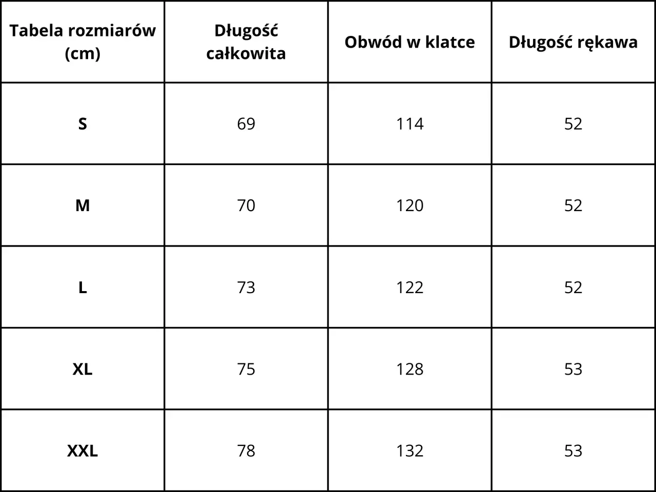 Tabela rozmiarów od S do XXL. Długość rękawa 52 cm dla rozmiarów S, M, L. Rozmiar 50 meski jaki to?