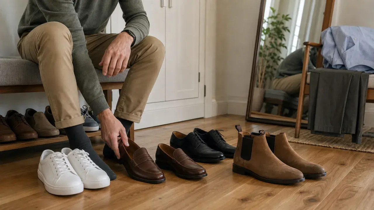 Mężczyzna wybiera idealną parę butów do swojej stylizacji. Na podłodze białe sneakersy, brązowe mokasyny, czarne półbuty i zamszowe botki.
