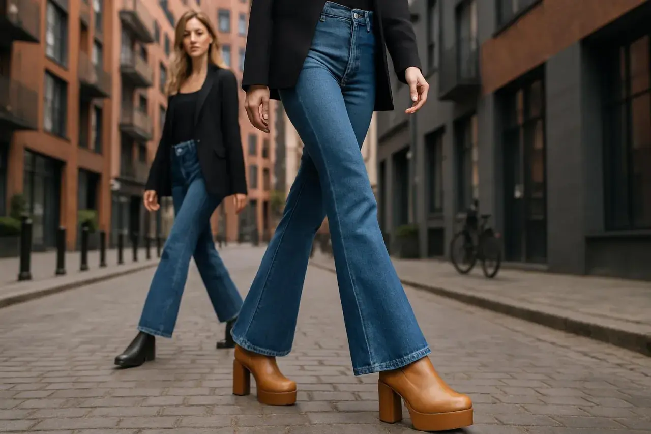 Kobiety w dzwonach i modnych butach na platformie. Idealne jakie buty do dzwonów, by podkreślić stylizację.