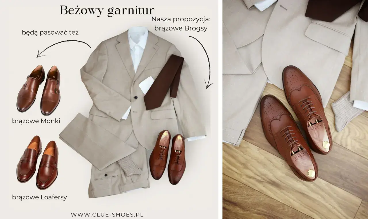 Beżowy garnitur i propozycje brązowych butów: Monki, Loafersy, Brogsy. Idealne jakie buty do beżowego garnituru.