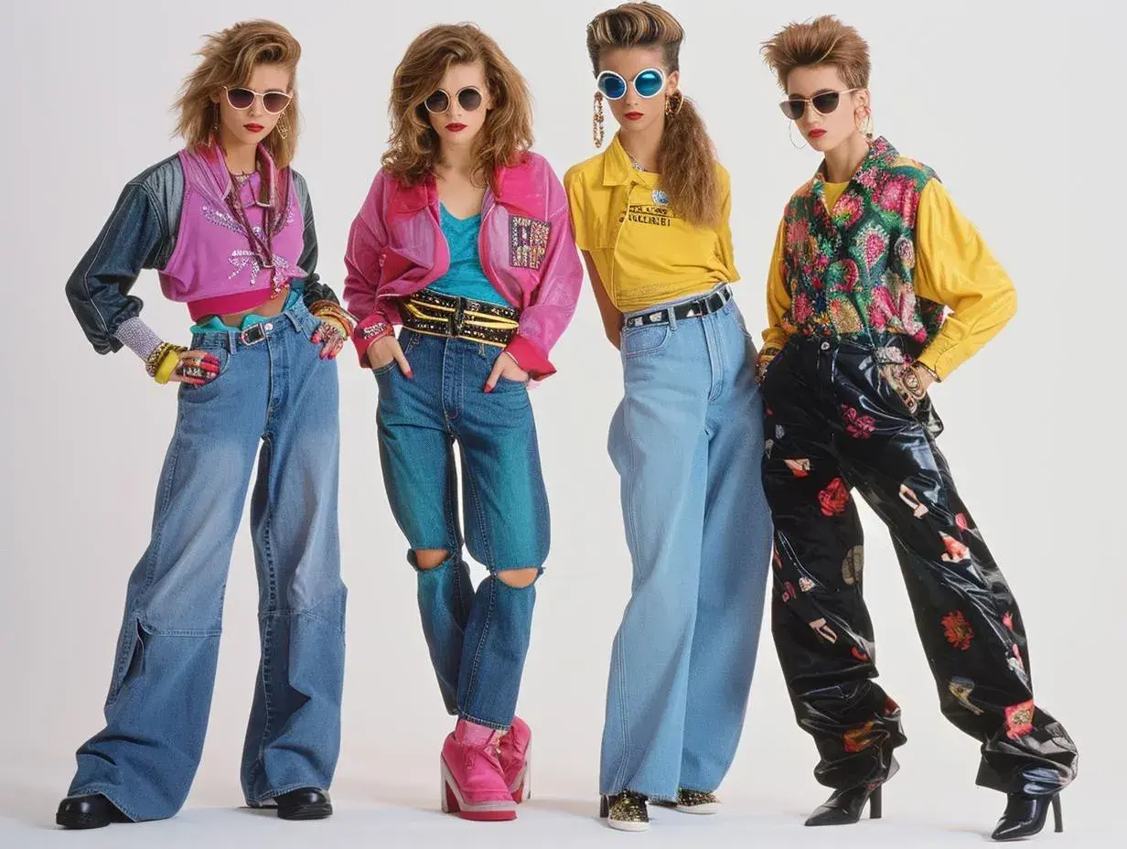 Cztery kobiety w stylizacjach inspirowanych **stylem grunge lat 90.**, z szerokimi dżinsami, kolorowymi kurtkami i wyrazistymi dodatkami.