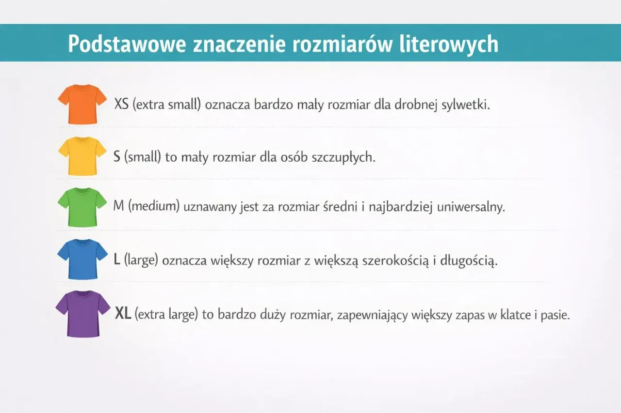 T-shirty w kolorach: pomarańczowy (XS), żółty (S), zielony (M), niebieski (L), fioletowy (XL). Wyjaśnienie, s jaki to rozmiar.