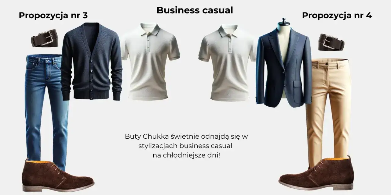 Dwie propozycje stylizacji business casual: granatowy kardigan z dżinsami i beżowy garnitur z koszulką polo. Idealne na chłodniejsze dni, podkreślają sartorialny styl.