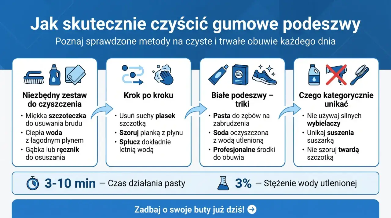Jak wyczyścić białe podeszwy butów: zestaw, kroki, triki (pasta do zębów, soda) i czego unikać (wybielacze, suszarka).