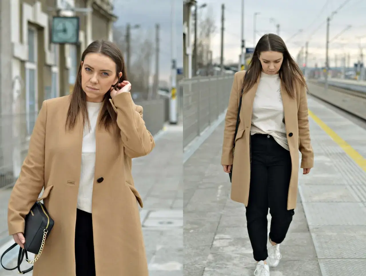 Elegancka stylizacja płaszcz i adidasy. Kobieta w beżowym płaszczu, białej bluzce i czarnych spodniach, na nogach białe adidasy.
