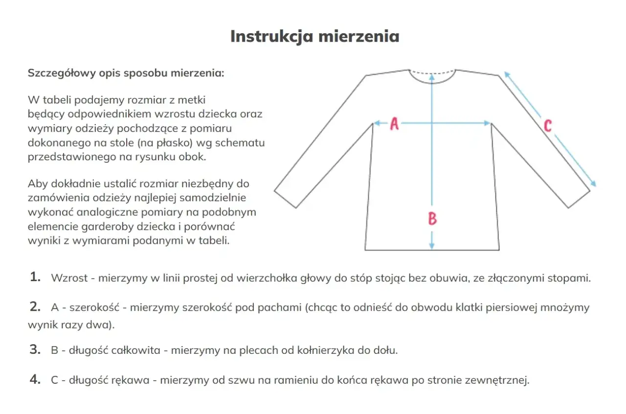 Tabela rozmiarów: wzrost dziecka, wymiary A, B, C. Rozmiar 134 jaki wiek? Sprawdź wymiary, by dobrać idealny strój.