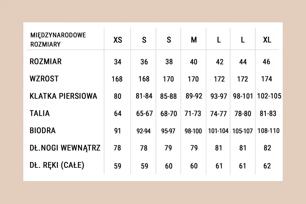 Tabela rozmiarów odzieży. Zwróć uwagę na zawyżona rozmiarówka, rozmiar 34 odpowiada XS, a 46 XL.
