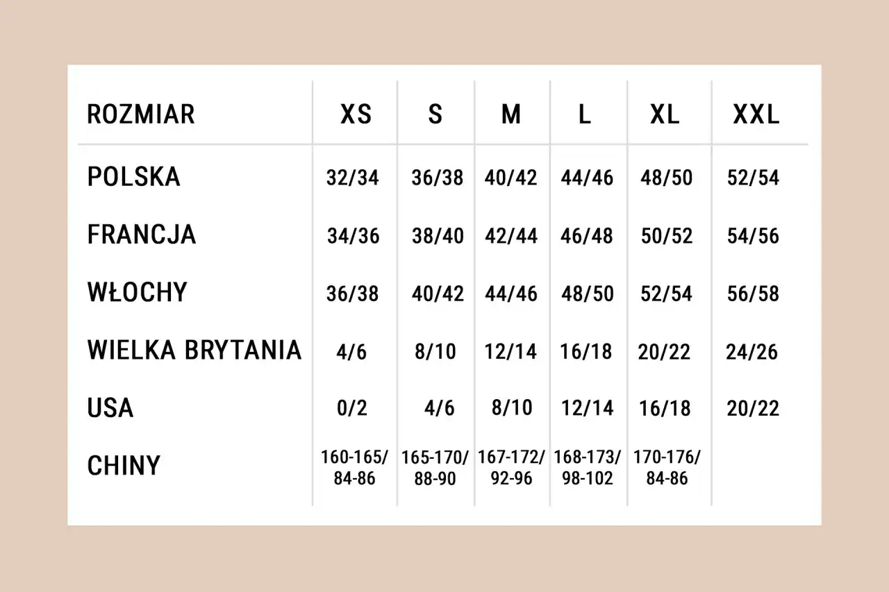 Tabela rozmiarów od XS do XXL. Polski rozmiar 40 odpowiada francuskiemu 42/44, włoskiemu 44/46, brytyjskiemu 12/14 i amerykańskiemu 8/10.