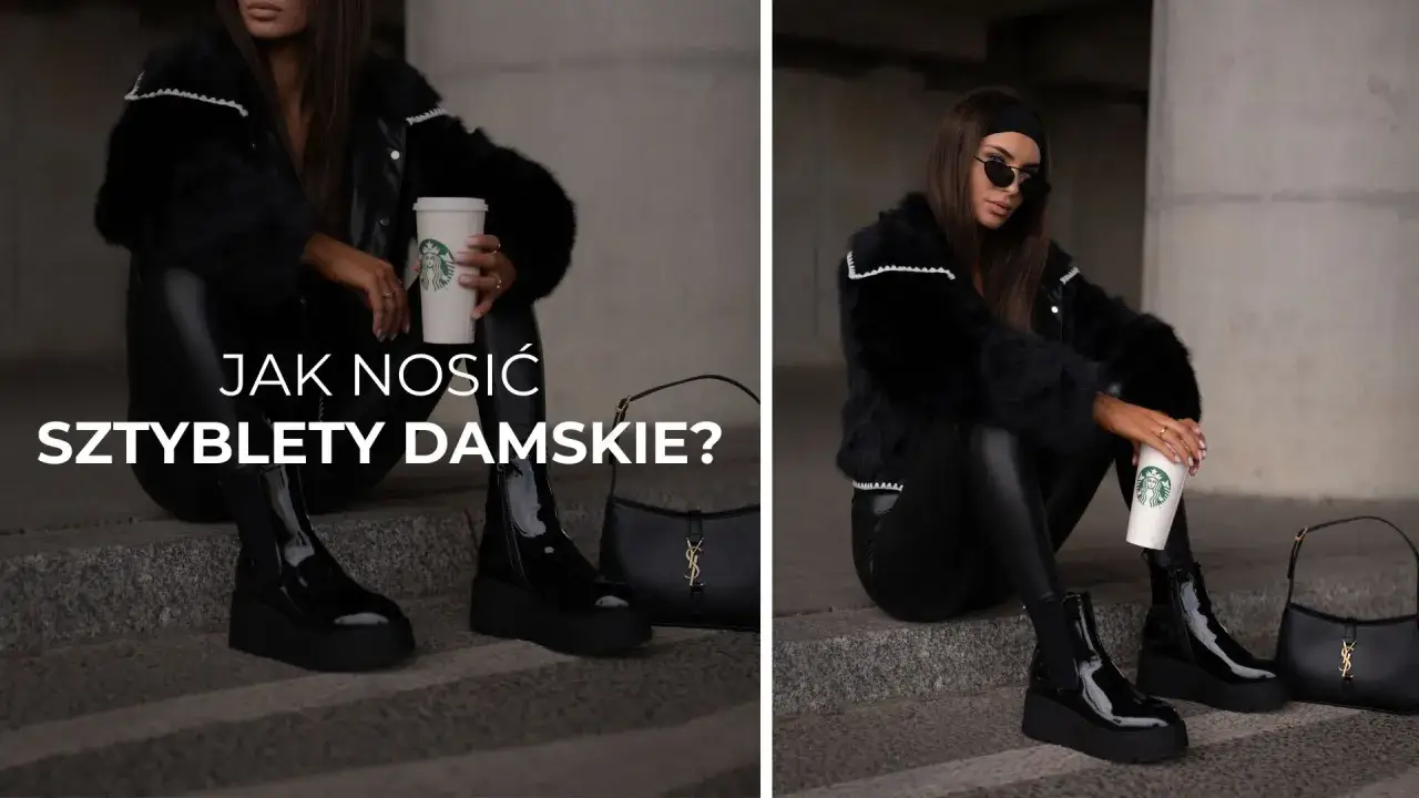 Elegancka kobieta w czarnym futrze i skórzanych legginsach prezentuje, jak nosić sztyblety damskie. Obok torebka YSL i kubek Starbucks.