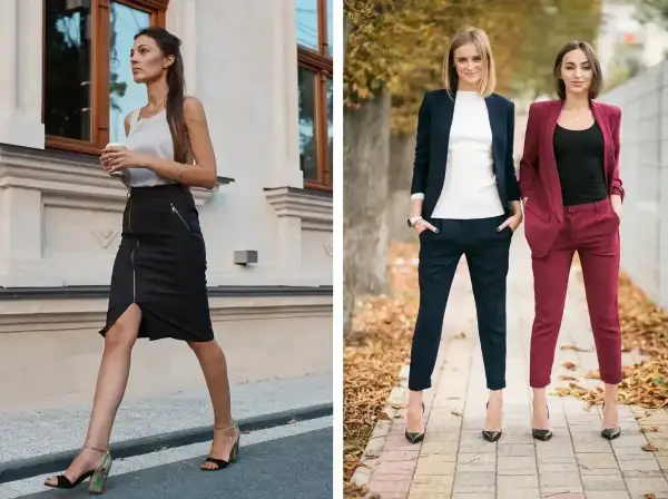 Eleganckie stylizacje smart casual na imprezę: czarna spódnica z zamkiem i beżowym topem, granatowy i bordowy garnitur damski.