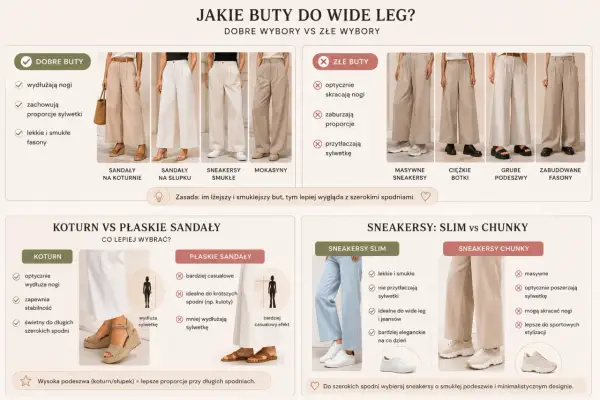 Jakie buty do szerokich eleganckich spodni? Wybieraj smukłe sandały na koturnie/słupku lub lekkie sneakersy. Unikaj masywnych butów.