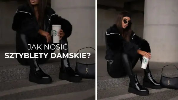 Elegancka kobieta w czarnym futrze i skórzanych legginsach prezentuje, jak nosić sztyblety damskie. Obok torebka YSL i kubek Starbucks.