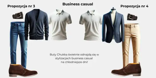 Dwie propozycje stylizacji business casual: granatowy kardigan z dżinsami i beżowy garnitur z koszulką polo. Idealne na chłodniejsze dni, podkreślają sartorialny styl.