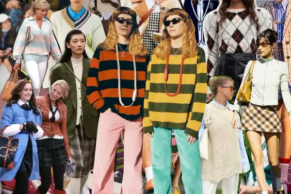 Stylizacja w stylu hippie: kolorowe swetry w paski, sztruksowe spodnie i kraciaste spódniczki.
