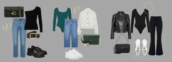 Inspiracje na stylizacje: jak się ubrać na babski wieczór. Jeansy, body, ramoneska, marynarka, torebki i buty.