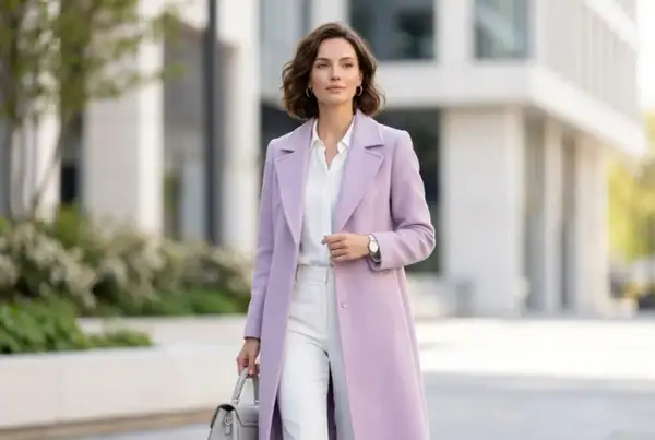 Elegancka kobieta w pastelowym płaszczu. Kolor liliowy z czym łączyć? Z bielą, szarością, a nawet z delikatnymi pastelami.