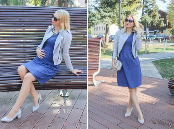 Stylowe stylizacje dla kobiet w ciąży: niebieska sukienka, szara ramoneska i szpilki. Elegancko i wygodnie.