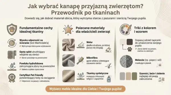 Przewodnik po tkaninach dla właścicieli zwierząt: welur, mikrofibra i tkaniny syntetyczne. Wybierz materiał odporny na sierść i zabrudzenia.