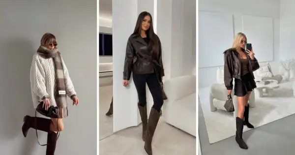 Brązowe kozaki stylizacje: sweter oversize, skórzana kurtka i krótka spódniczka.