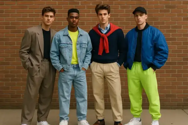 Czterech młodych mężczyzn prezentuje stylizacje inspirowane modą lat 80 w Polsce: garnitur, jeans, sweter z krawatem i bomberka z neonowymi spodniami.