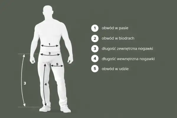 Tabela rozmiarów odzieży męskiej: 100 cm w pasie jaki to rozmiar spodni? Wymiary: obwód w pasie, biodrach, udzie, długość nogawki zewnętrzna i wewnętrzna.