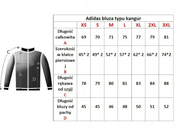Tabela rozmiarów bluzy Adidas. Jaki rozmiar jest większy L czy M? L ma 75 cm długości całkowitej, M 71 cm.
