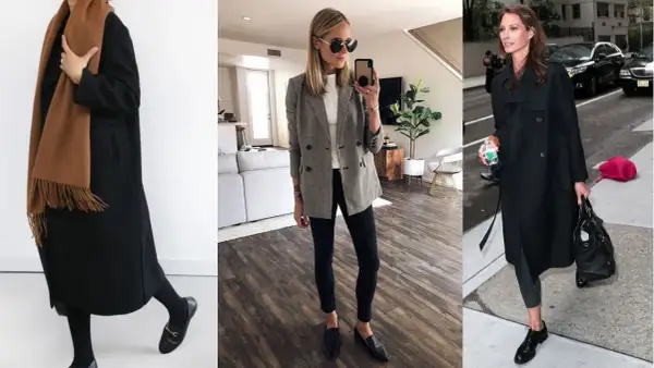Eleganckie loafersy damskie w stylizacjach: klasyczny płaszcz, marynarka w kratę i trencz.